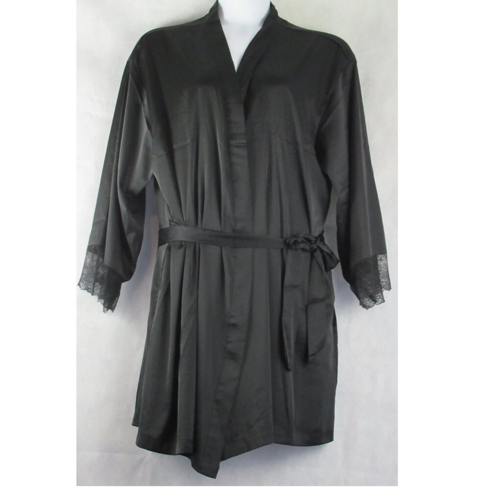 INC International Concepts Women's Lace-Trim Satin Short Robe, Black, XXL